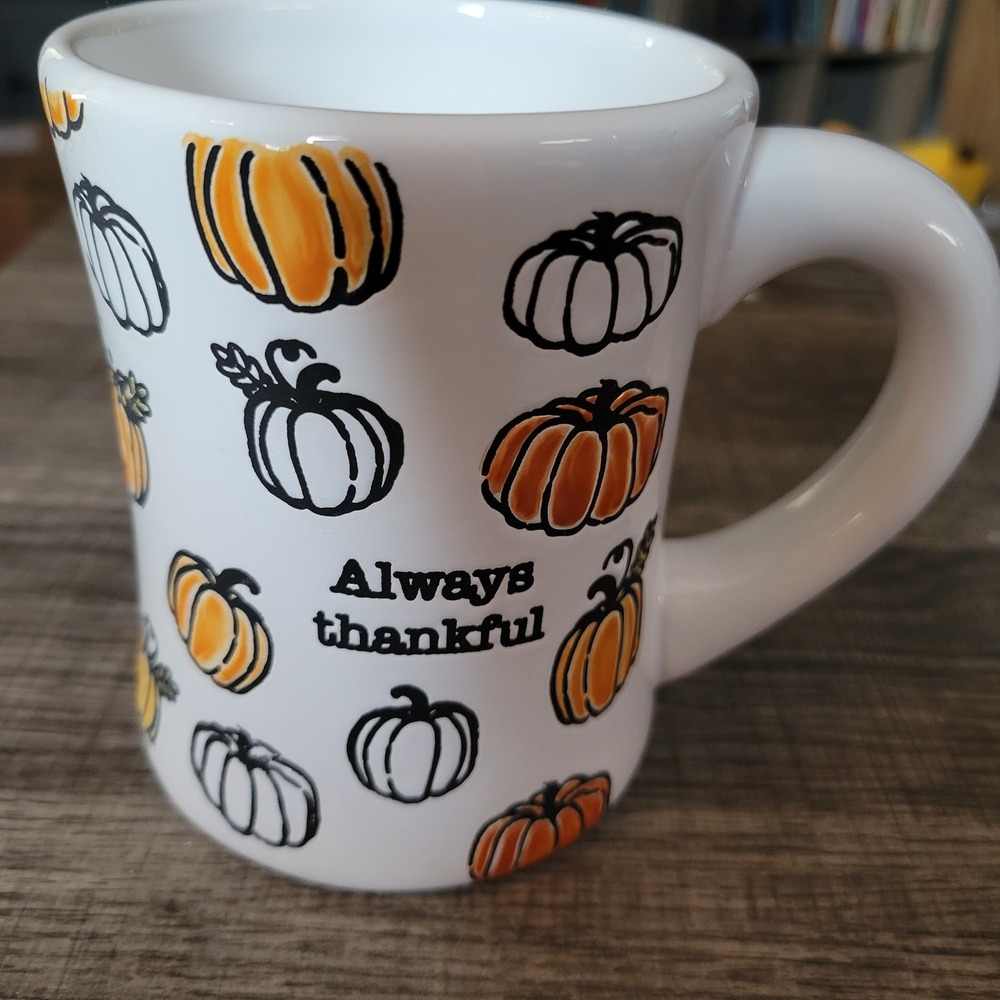 Mud Pie Always Thankful Pumpkin Coffee Mug White Orange Fall Autumn Ceramic Cup